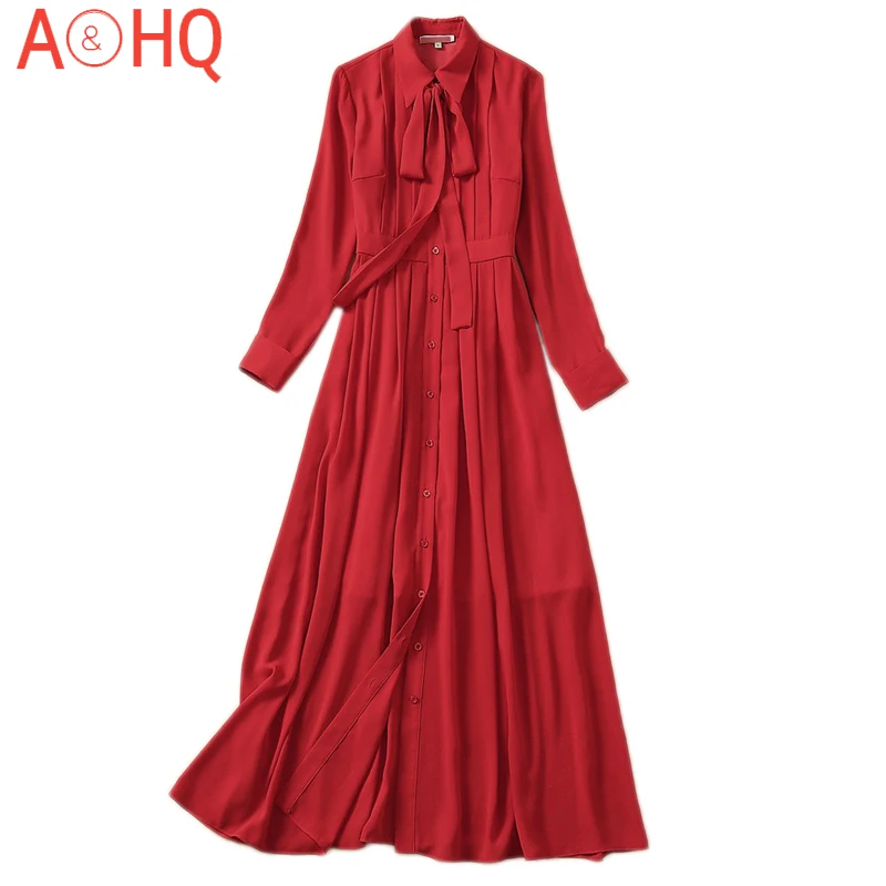 

Long Dress Spring Autumn New Women'S Vintage Fashion Bowknot Streamer Long Sleeve Elegant Party Red Dresses
