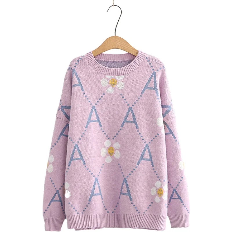 

Японский милый женский хлопковый пуловер с круглым вырезом, свободные вязаные свитера 2020, зимние теплые жаккардовые трикотажные пуловеры