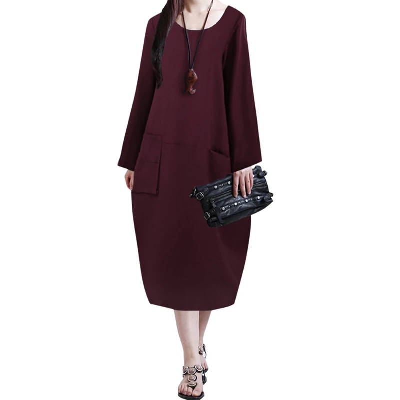 Модное женское повседневное свободное платье миди однотонное длинное