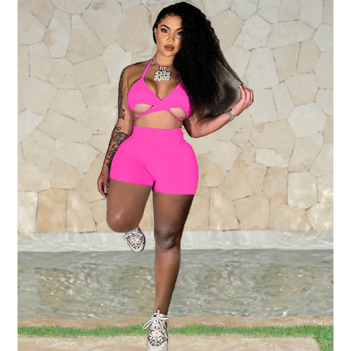 

Two Piece Sets Womens Outfits Solid Color Sleeveless Bra Top Tank Biker Shorts Sweatpants Summer Gym Clothing Lounge Wear