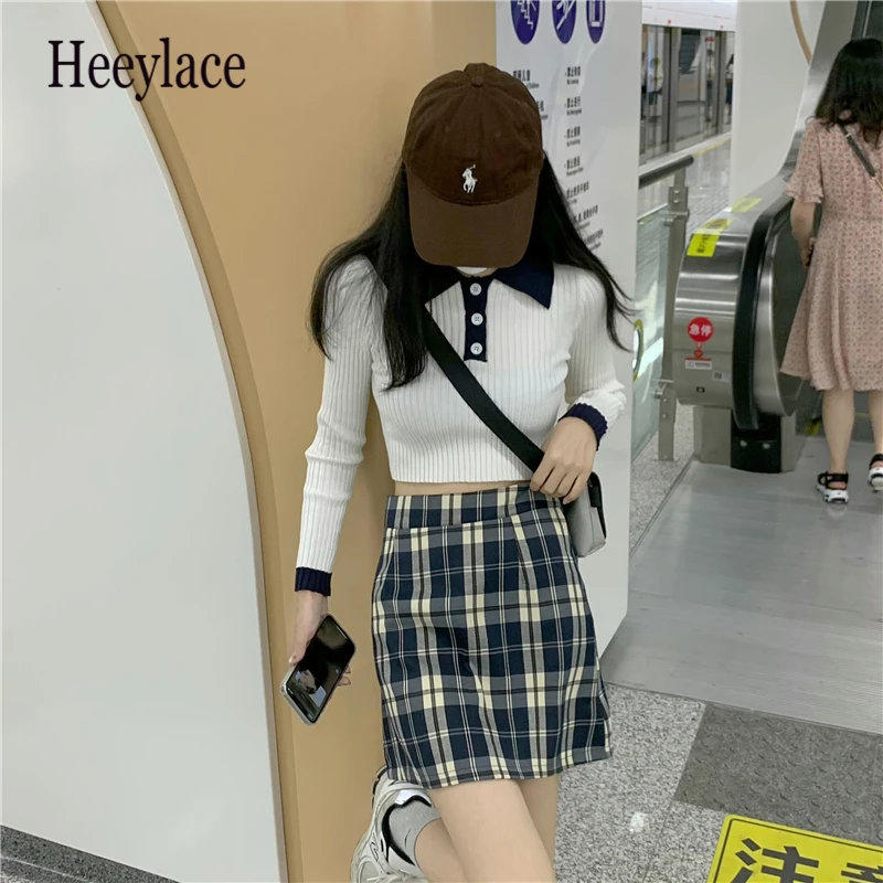 

Spring Women Suit Skirt Polo Collar Knitted Top Long Sleeve Patchwork Tee Female Plaid Skirt Two Piece Set