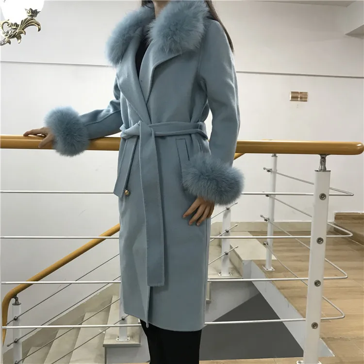 sky blue Подиум Стиль Натуральная шерсть шуба из натурального Лисьего меха женский двойной brested тонкий пояс длинный кашемир верхняя одежда тренчи - Цвет: sky blue