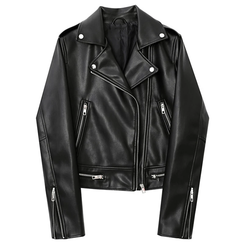 

Женская короткая куртка Za из мягкой искусственной кожи, черная мотоциклетная куртка на молнии с лацканами, верхняя одежда для осени и зимы, ...
