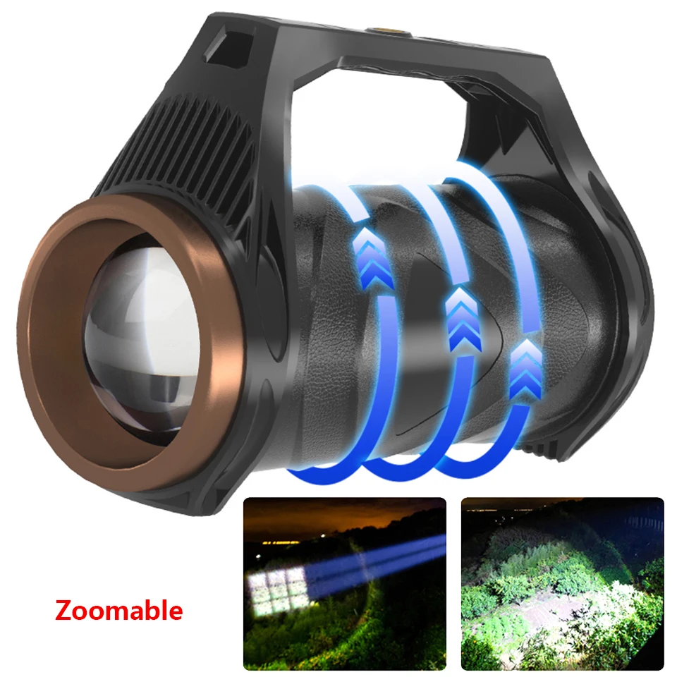 저렴한 슈퍼 브라이트 Led 방수 충전식 줌 손전등, 더블 헤드 서치라이트, 휴대용 작업등, 스포트라이트, 플러드라이트 기능, XHP100