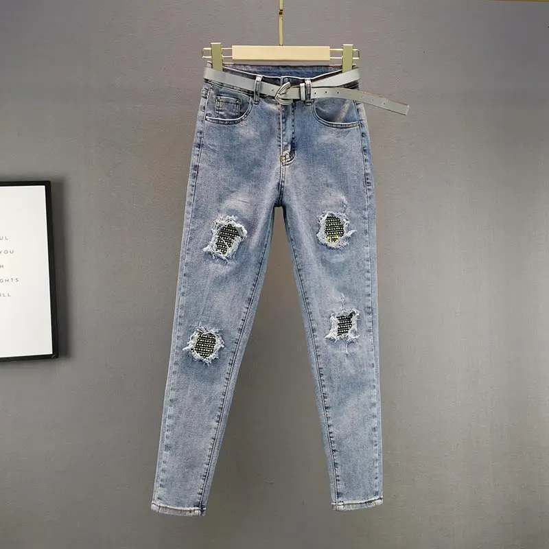 

Vintage Ripped Hot Drilling Jeans for Women 2021 Spring/Summer New High Waist Slimming Skinny Pants Female Washed Jean Trousers