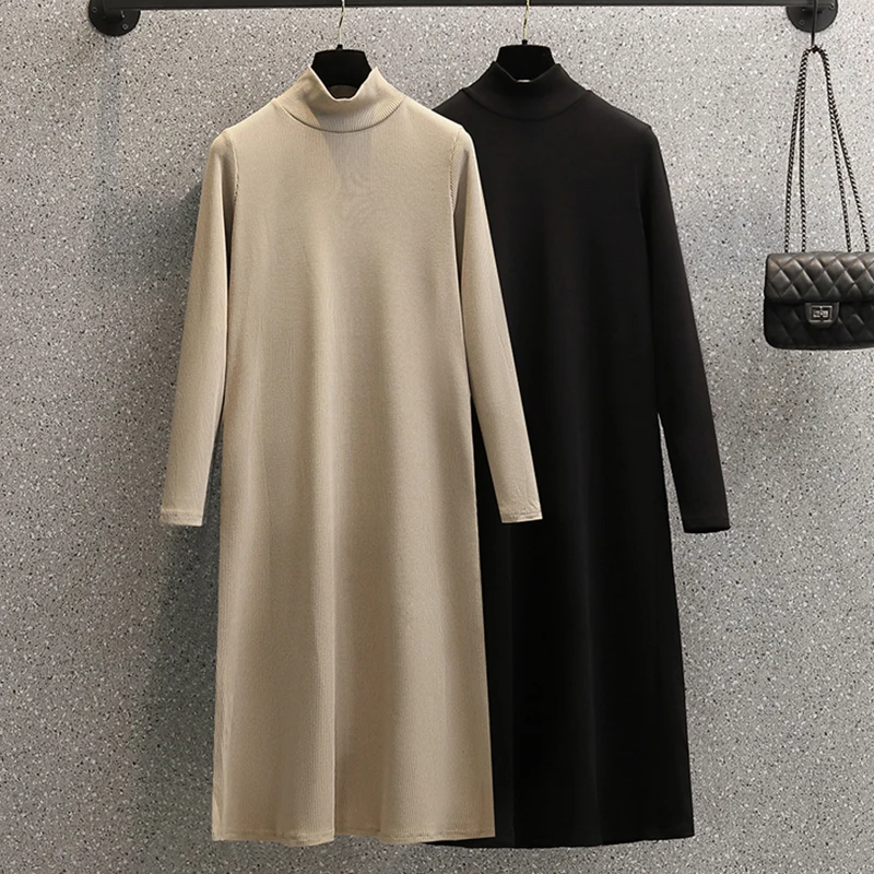 

Женское трикотажное платье с воротником-стойкой, длинное платье большого размера с высоким воротником и юбкой, Осень-зима 2021