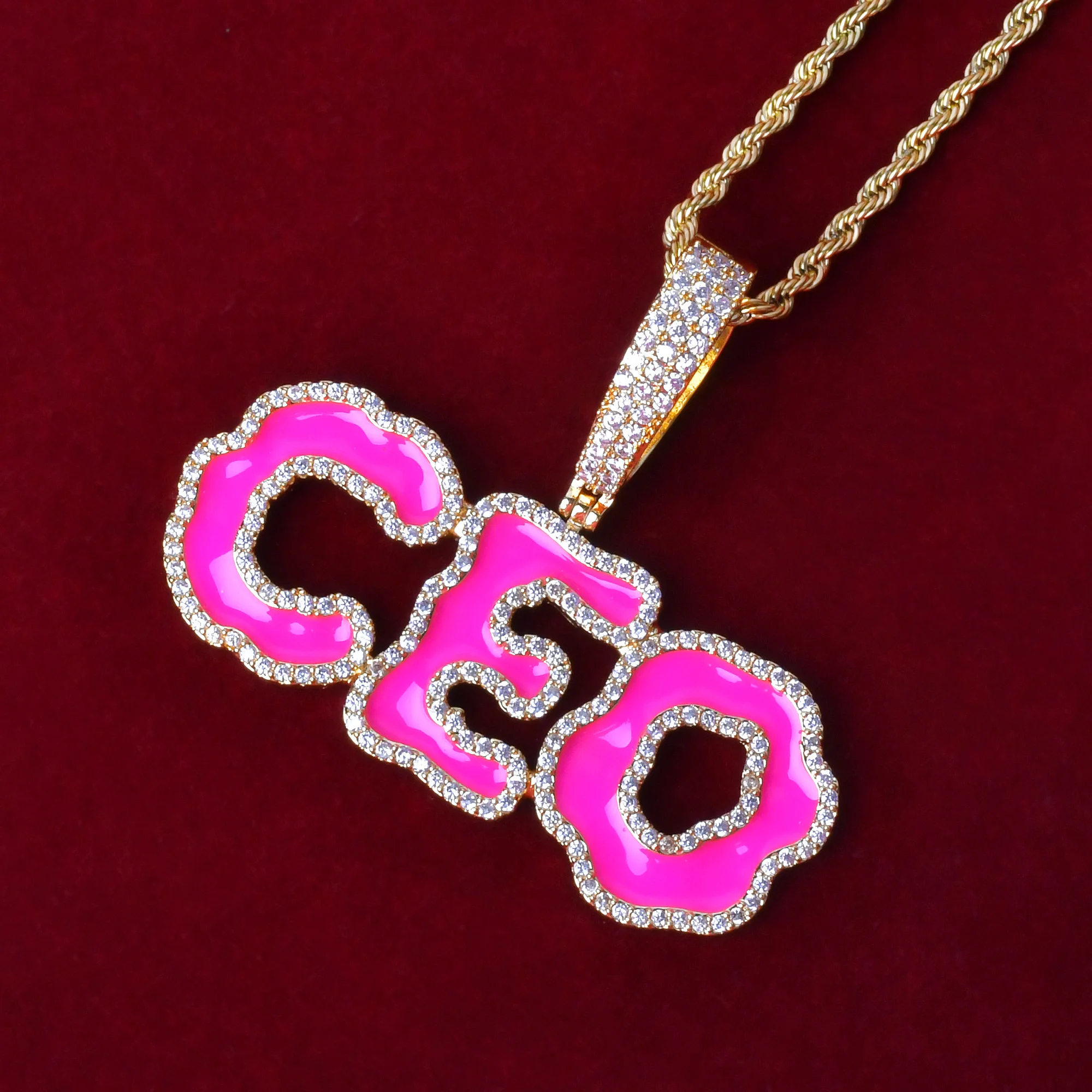 Solid Back Custom Name Pink Oil Letter Pendant Necklace  for Women 24K Real Gold Color Hip Hop Rock Jewelry