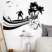 Summer Vinyl Wall Decal Surfing Wave Palm Tree Beach Style Surfer Island Wall Sticker Home Decor Living Room Background Z067