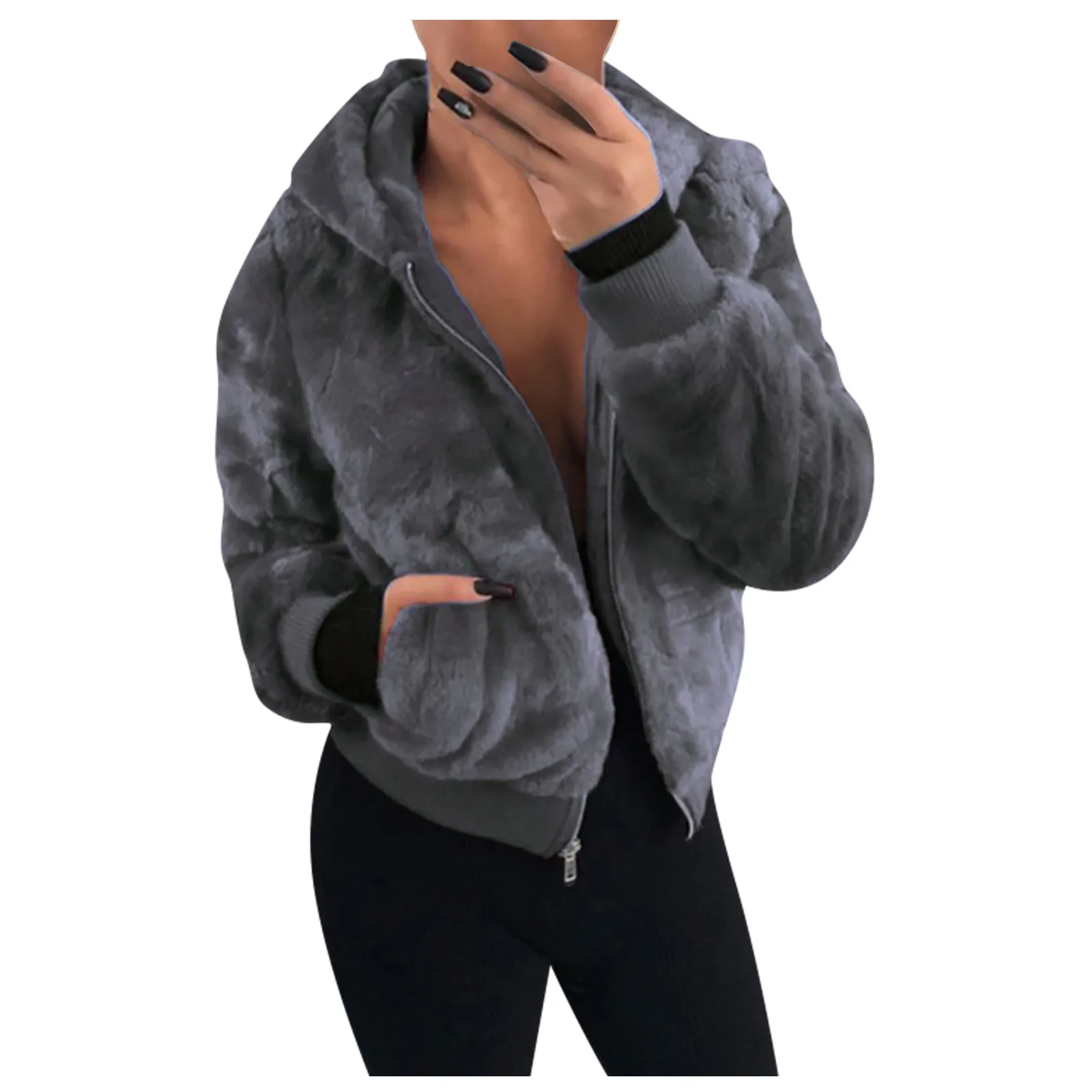 

Осенне-зимнее пальто из искусственного меха, Женская Повседневная теплая мягкая меховая куртка на молнии, плюшевое пальто с карманами, женс...