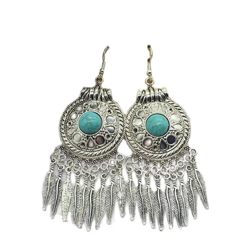 

Original style jewelry earrings Turquoise tassel Miao Silver Earrings