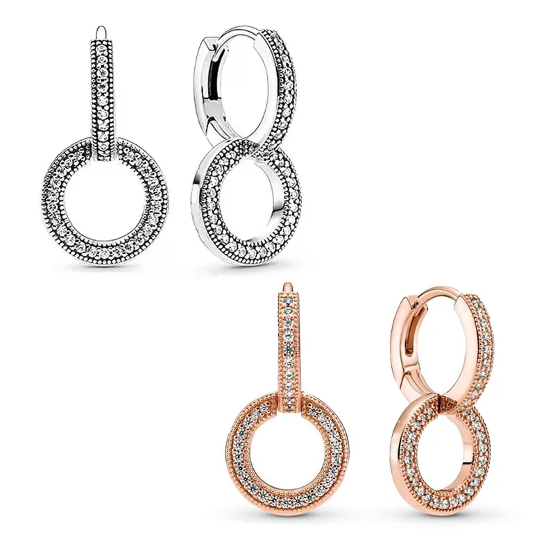 

100% 925 Silver New Charm Shining Double Ring PAN Earrings Suitable For Women's Wedding Gifts Festival Diy Charm Jewelry