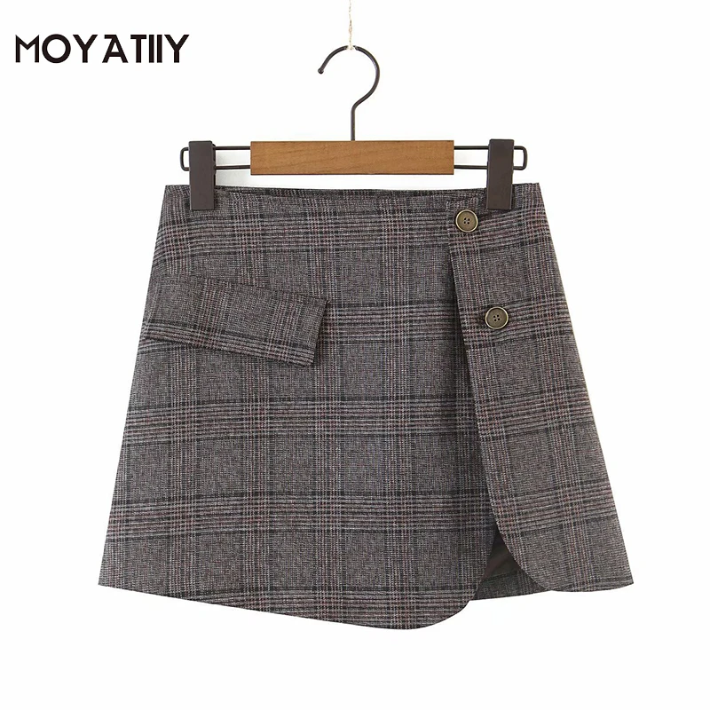 

MOYATIIY Women Fashion 2021 New Skirts England Vintage Plaid Min Skirts Bevel Single Button Design Side Open Ladies Bottoms
