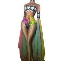 fashion colorful mesh flared sleeves stage bodysuits women print rhinestone elastic leotard nightclub carnival dancer costumes