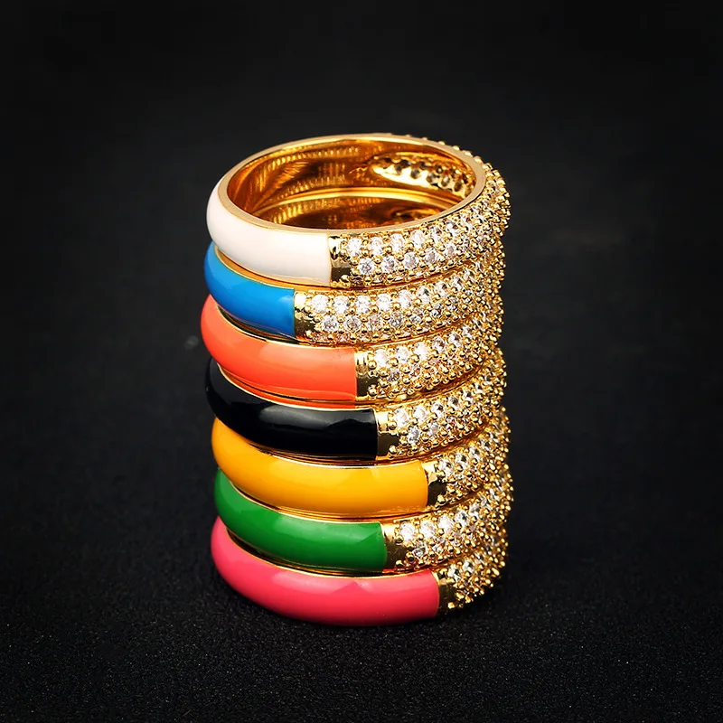 

CIZEVA Exquisite Thin Circle Cubic Zirconia Rings for Women Luxuey Yellow Gold Stackable Finger Ring Simple Rings Enamel Jewelry