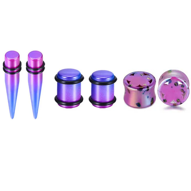 Purple 2 3 пары акриловых ушных пробок, растягивающиеся пробки для тоннелей, двойные пробки, полые измерительные приборы для пирсинга, двойной набор для пирсинга, ювелирные изделия для тела - Окраска металла: Purple 2