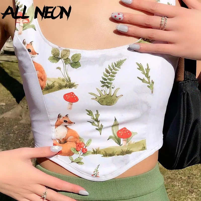 

ALLNeon Vintage Y2K Graphic Print Square Collar Corset Tops 90s Streetwear Backless Straped Patchwork Crop Tops Summer Cute Vest