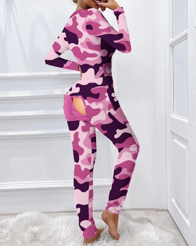 

2021 New Style Women's Functional Buttoned Flap Camouflage Printed Adults Pajamas Suit Homewear Femme Detachable Jumpsuits