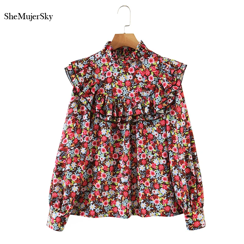 

SheMujerSky Bohemian Flower Print Blouses Women Peter-pan Collar Long Sleeve Shirts 2021 Ruffles Tops