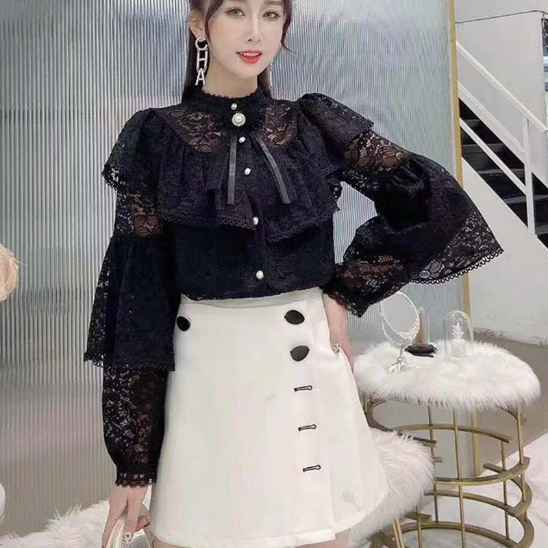 

Ruffle Lace 2021 New Spring Blouse Shirts Women's Tops Long Sleeve Bow Vintage shirt Women's Elegant Top Fashion Shirt 559B