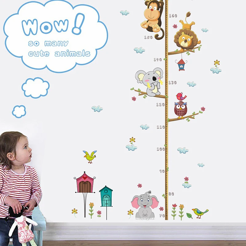Мультяшные животные Лев обезьяна Сова слон измеряемая высота настенный стикер