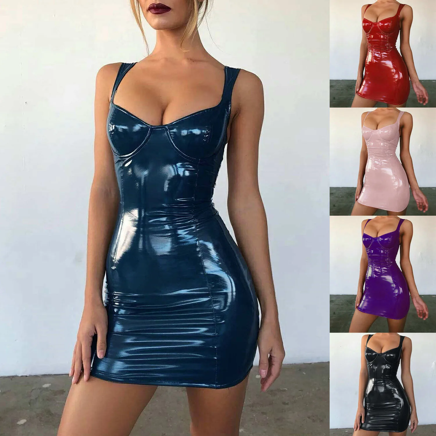 

Women Sexy Latex Faux Leather Bodycon Party Strappy Dresses Bodycon Sparky Dress Zipper Shinny Women Dress