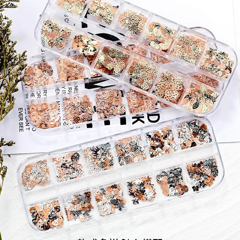 

12 Grids Nail Sequins Mixed Shaped Metallic Slice Flakes 3D Nail Art Manicure Decoration Hollow Flower Butterfly Leaf Nail Decor