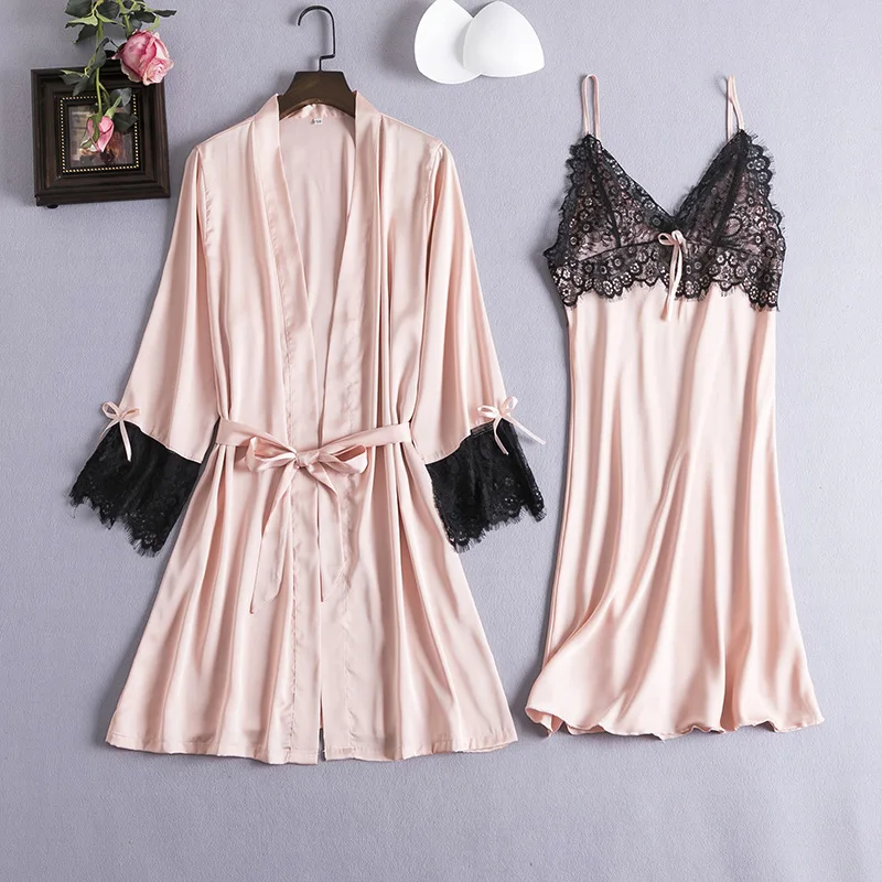 

2PCS Pajamas Sleep Set Womens V-Neck Cami Pijama Sexy Bathrobe Kimono Nighty Robe Gown Suit Spring Sleepwear Wear Home Clothes