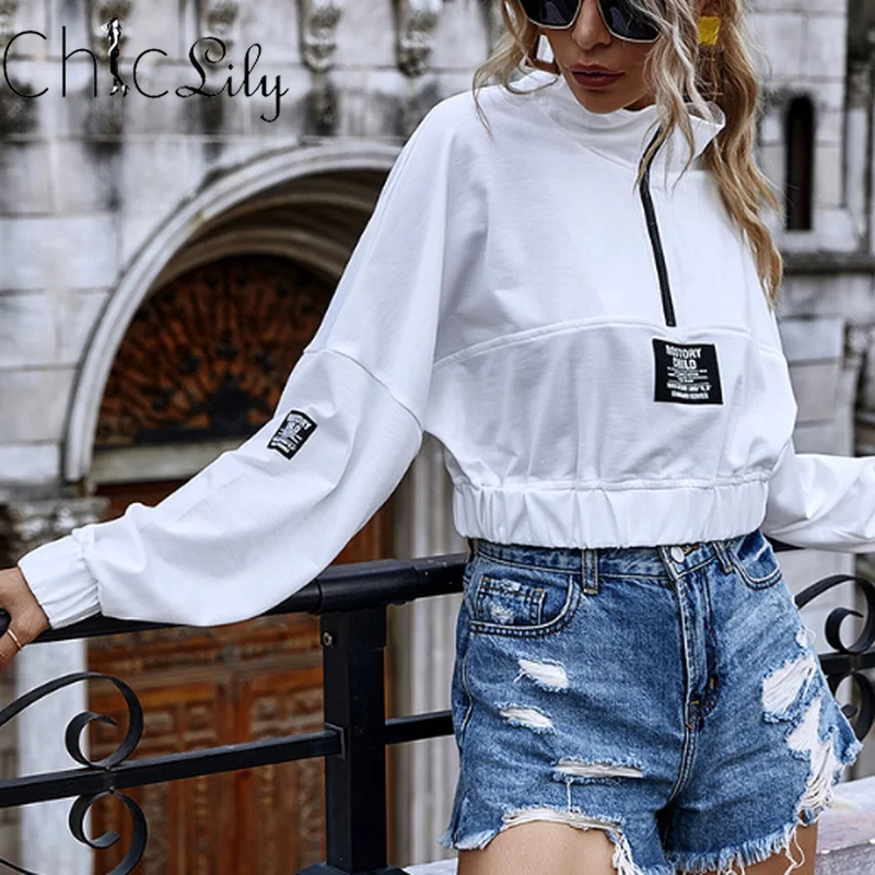 

Chiclily Casual Long Sleeve Zipper Pullover Sweatershirt Short Sport Solid Color Top Hoodies Streetwear Women Clothing