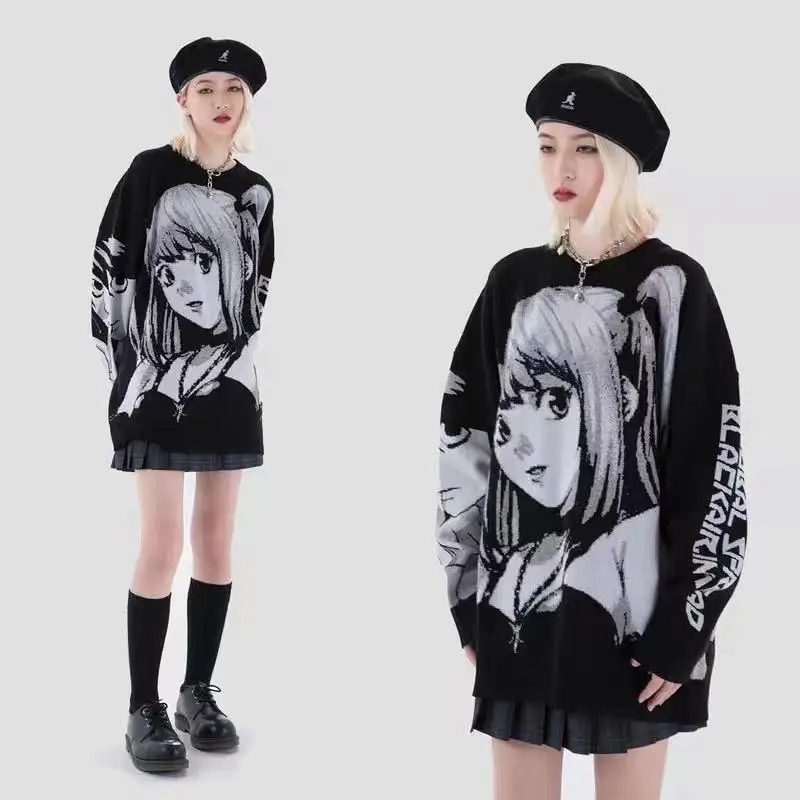

Knitted Harajuku Winter Clothes Women Oversized Death Note Sweaters Pullover Gothic Japanese Kawaii Cartoon Streetwear Sweater