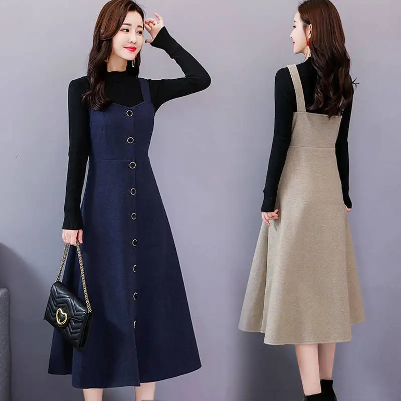 

2022 Korean Sweater Dress Sets Fashion Vintage Style Turtleneck Knitted Sweater + Vest Long Dresses Female Two-Piece Suit X82
