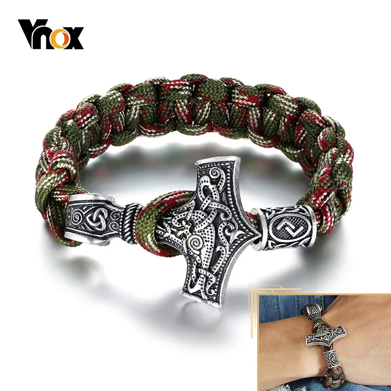 

Vnox Men's Vintage Thor Hammer Viking Mjolnir Rope Bracelets, Retro Norse Mythology Runes Amulet Wristband Jewelry