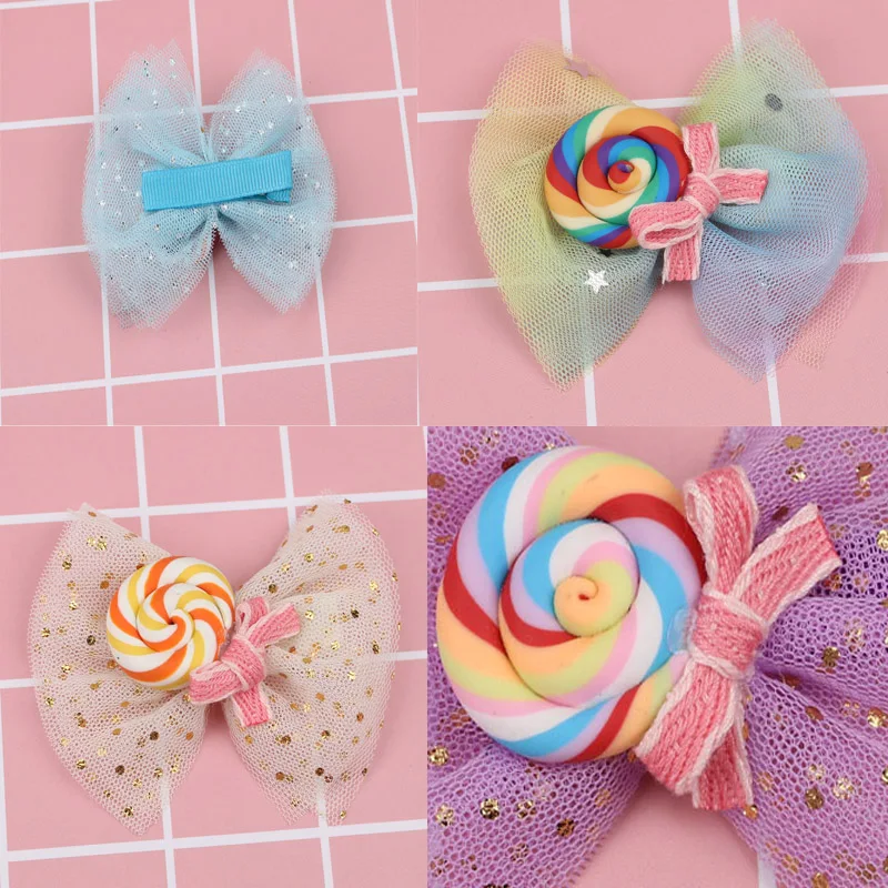 

ncmama Cute Lollipop Hair Bows Girls Princess Sequin Star Embellished Net Yarn Hair Clips Barrettes for Kids Hair Accessories