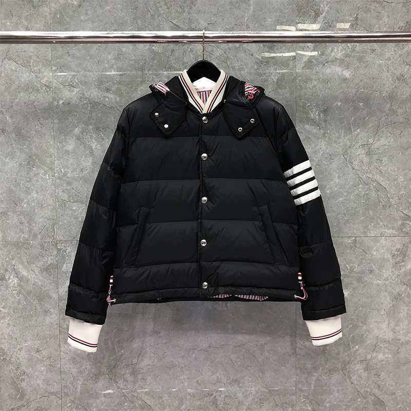 TB THOM Men's Winter Jacket Black Down Jacket Fashion Brand Down-Filled Matte Nylon Stripes Coat Wholesale TB Thermal Jackets