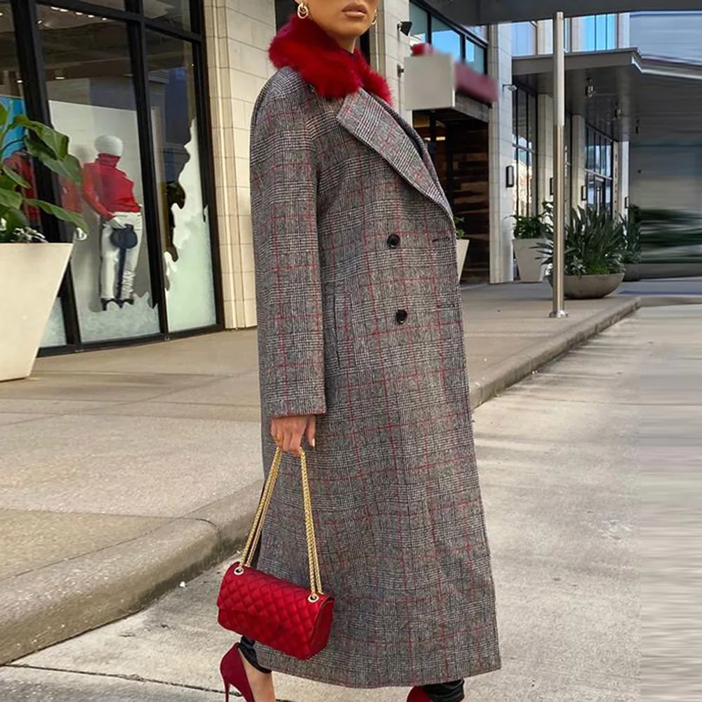 

2021 New Autumn Winter Warm Woolen Jacket Coat Women Vintage Fur Collar Long Female Oversize Plain Overcoats Loose Chic Outwear
