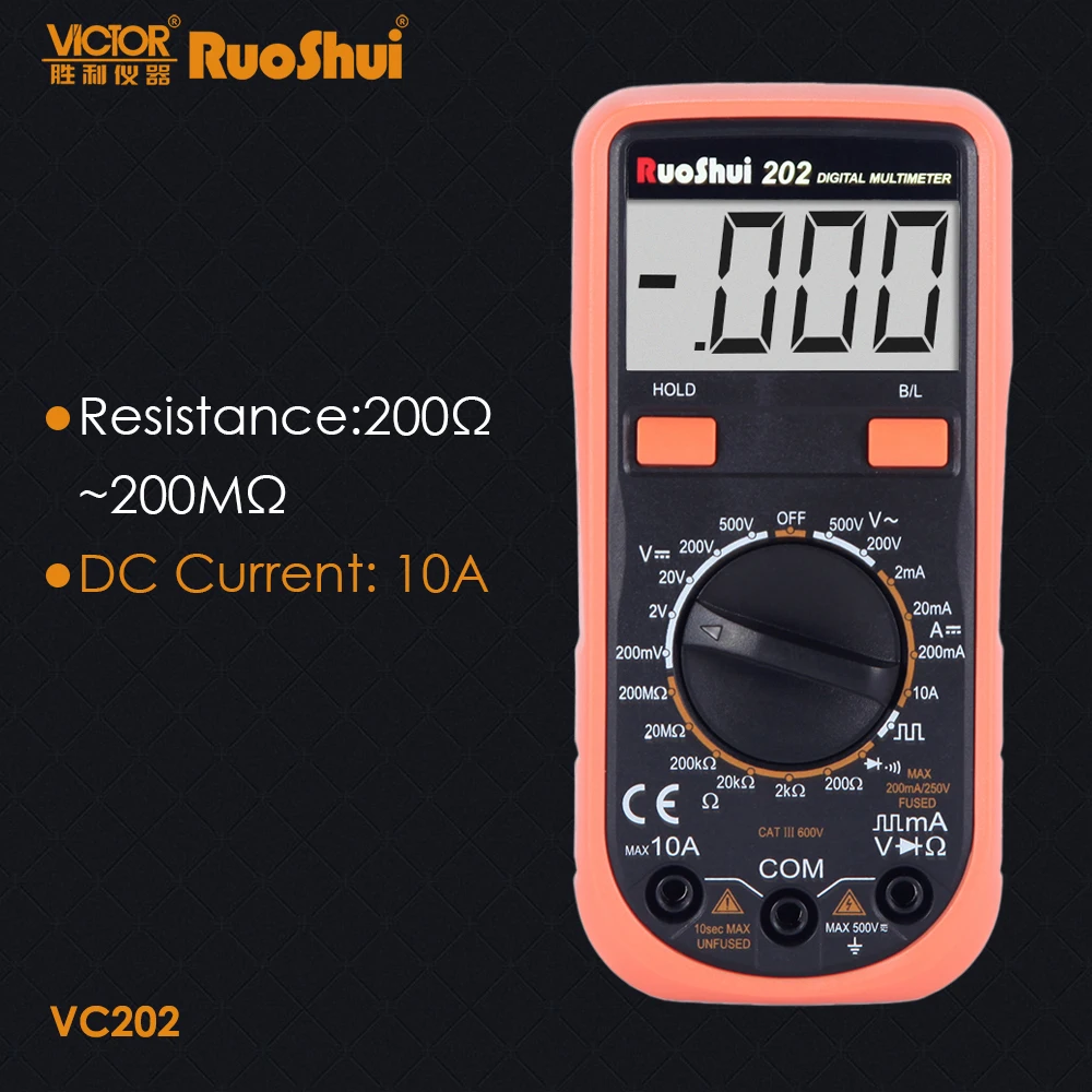 RuoShui VC202 мини-пальмовый Цифровой мультиметр переменного тока 2000 счетчик ручной диапазон напряжения постоянного тока сопротивление Baclight Тестер электрический