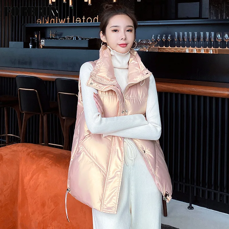 

FORERUN Women's Vest Korean Fashion Style Mid-length Shiny Gilet New Puffer Vests Winter Coat Doudoune Sans Manche