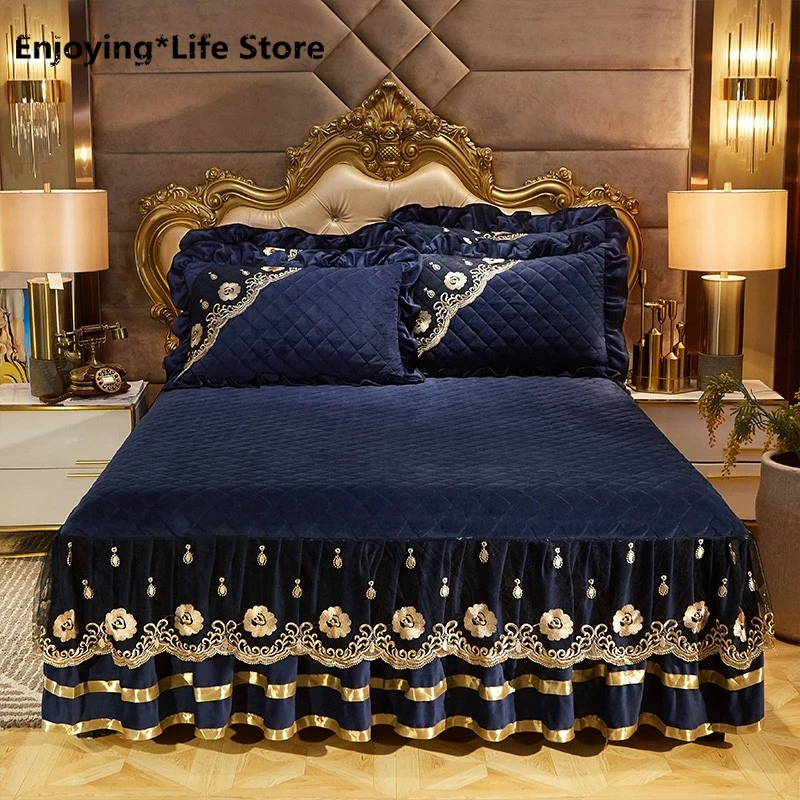 

3pcs 120x200cm/150X200cm/180x200cm/200x220cm Quilted Fleece Fabric Lace Edge Bed Spread Bed Cover Set Mattress Cover Couvre Lit
