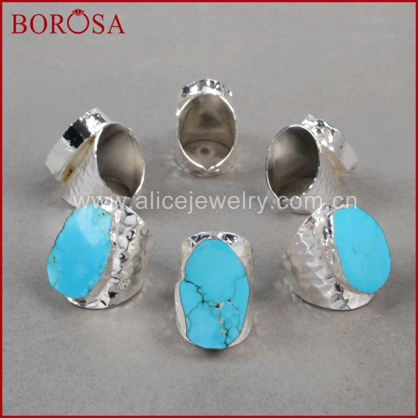 BOROSA, 5 шт., серебряное покрытие, произвольной формы, голубой камень Howlite, манжета, кольцо, Druzy, ювелирные изделия Howlite, регулируемые кольца, ювелирные изделия для женщин, S0208
