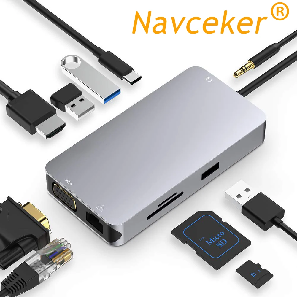 Адаптер Navceker USB Type C в HDMI VGA Gigabit Ethernet Lan RJ45 для Macbook Pro Type-C | Электроника