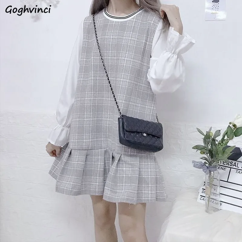 

Женское платье с длинным рукавом, клетчатое плиссированное платье в стиле пэчворк для отдыха, простые студенческие милые элегантные свобод...