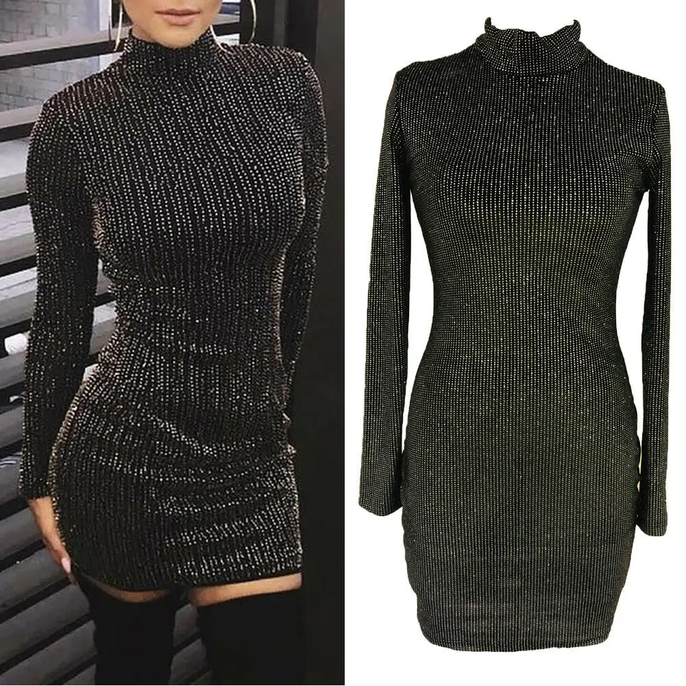 Women Sequined Long Sleeve Tassel Bodycon Party Club Turtleneck Skinny Casual Sexy Dress | Женская одежда
