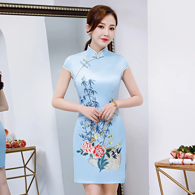 

Атласное платье-Ципао с цветочной вышивкой, пикантное мини-платье в китайском стиле, женское прямое платье для подружки невесты, свадьбы, ве...