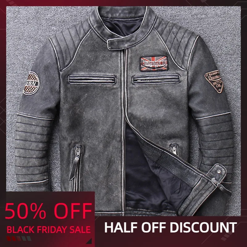 

Мужская короткая мотоциклетная куртка, черная винтажная байкерская куртка из натуральной воловьей кожи с воротником-стойкой, модель 2021 xl