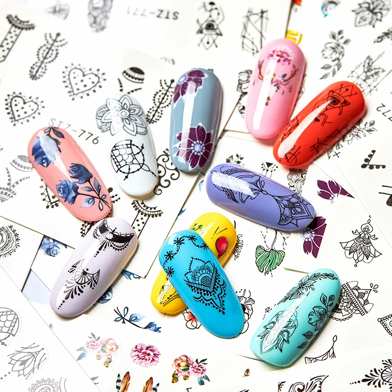 Наклейка для дизайна ногтей цветок черная линия Переводные картинки Необычные