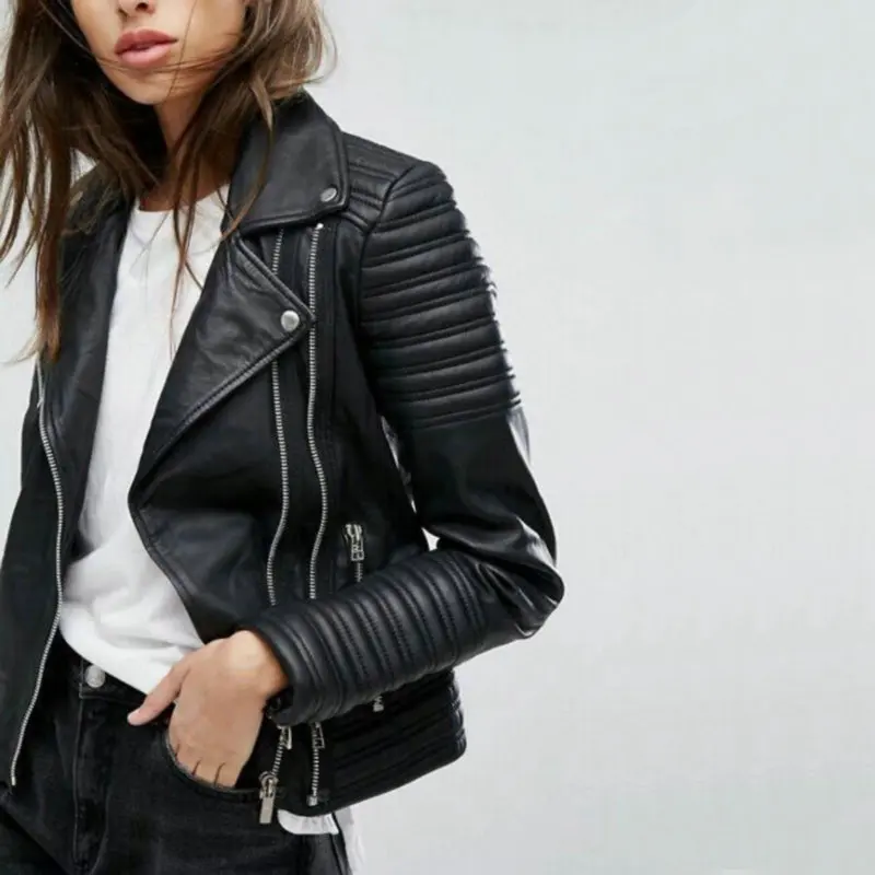 Fashion women's autumn winter motorcycle faux leather jacket ladies long sleeve motorcycle punk street wear black coat