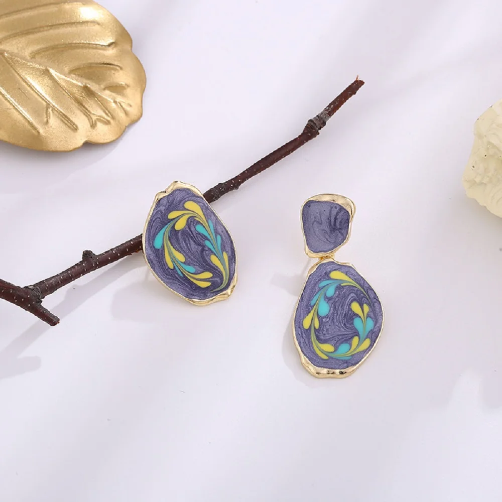 Простые серьги в Корейском стиле с граффити и масляной росписью асимметричные