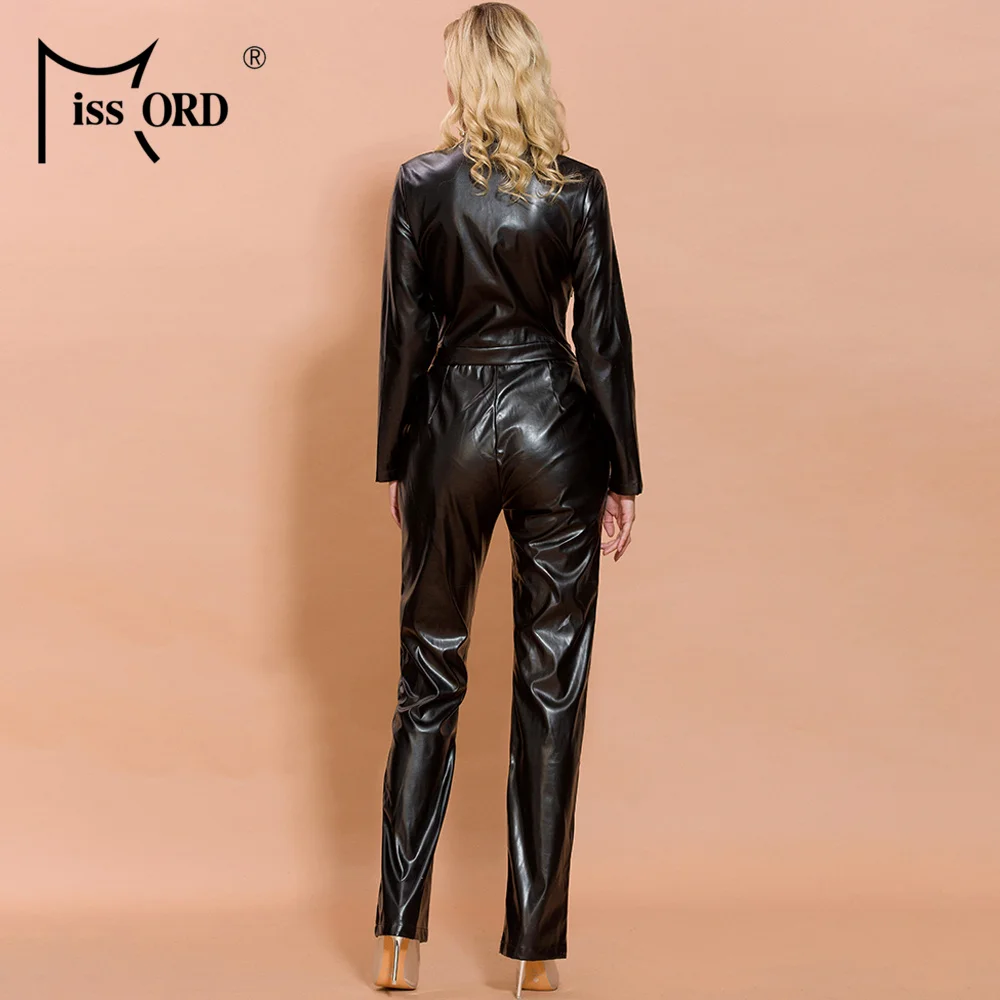 

Missord 2021 Autumn and Winter Women Fashion High Neck Long Sleeve Elegant Latex Bodycon Jumpsuit FT19482