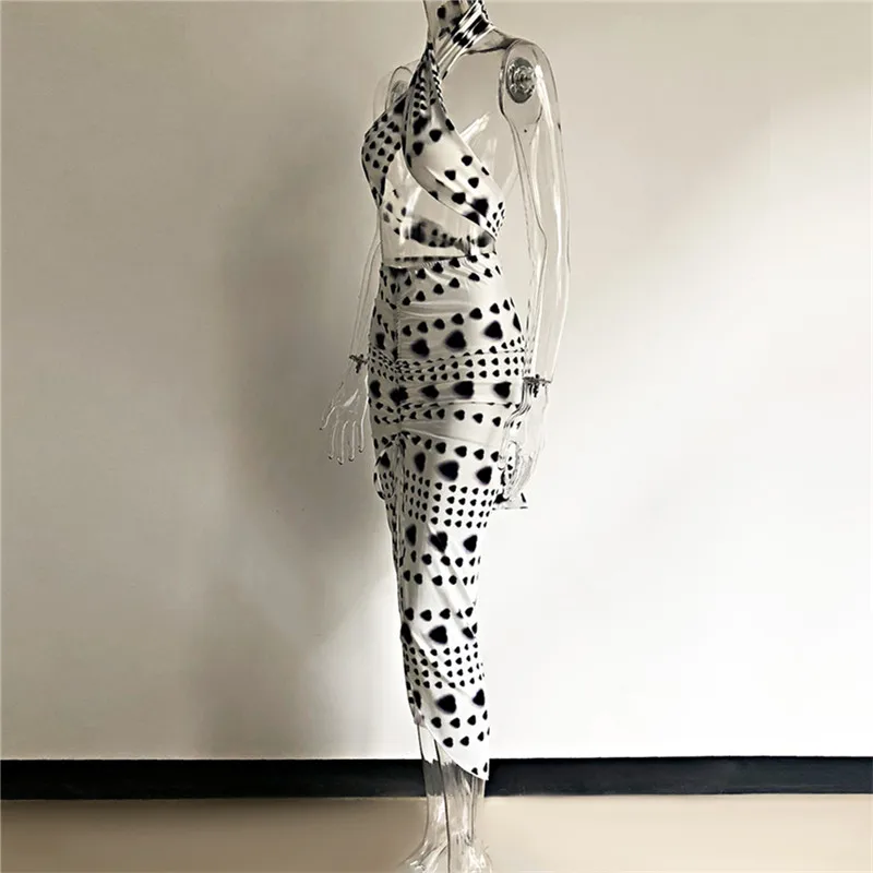 

2021 Print Bodycon Dress Women White Summer Hollow Out Sexy Sleeveless Spaghetti Strap Beach Midi Dresses Party