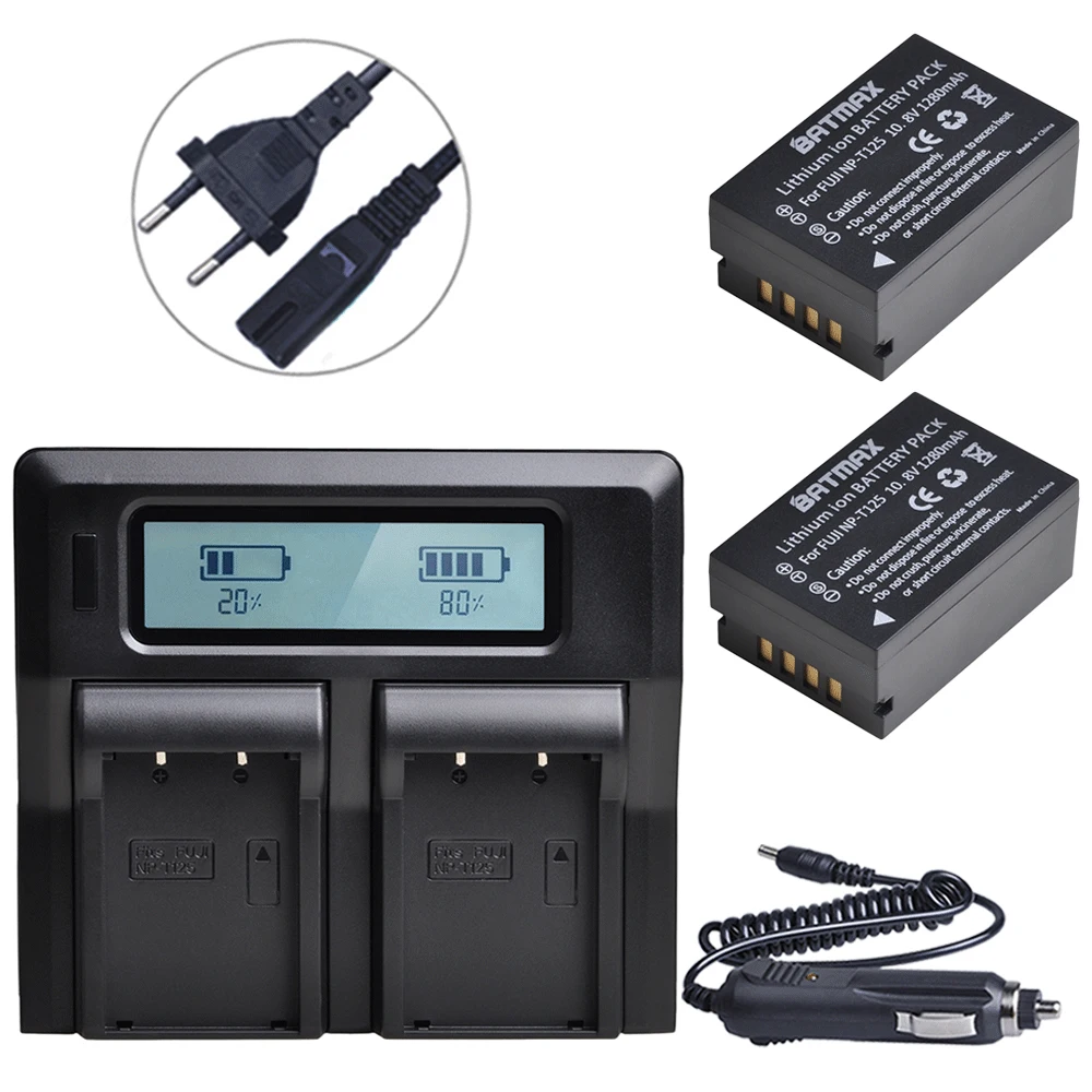 2Pcs 1280mAh NP-T125 NP T125 Battery + Ultra Fast Dual Charger Kits for Fujifilm GFX 50S, GFX50S, GFX 50R, GFX50R, GFX 100, GFX1