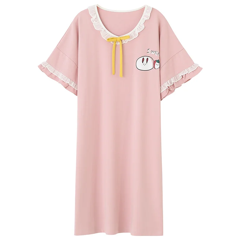 Women Nightgowns Summer Sleepshirts Short Sleeve Mid-calf Length Casual Print Sweet Cute Sleepwear Student Ulzzang Plus Size 5XL
